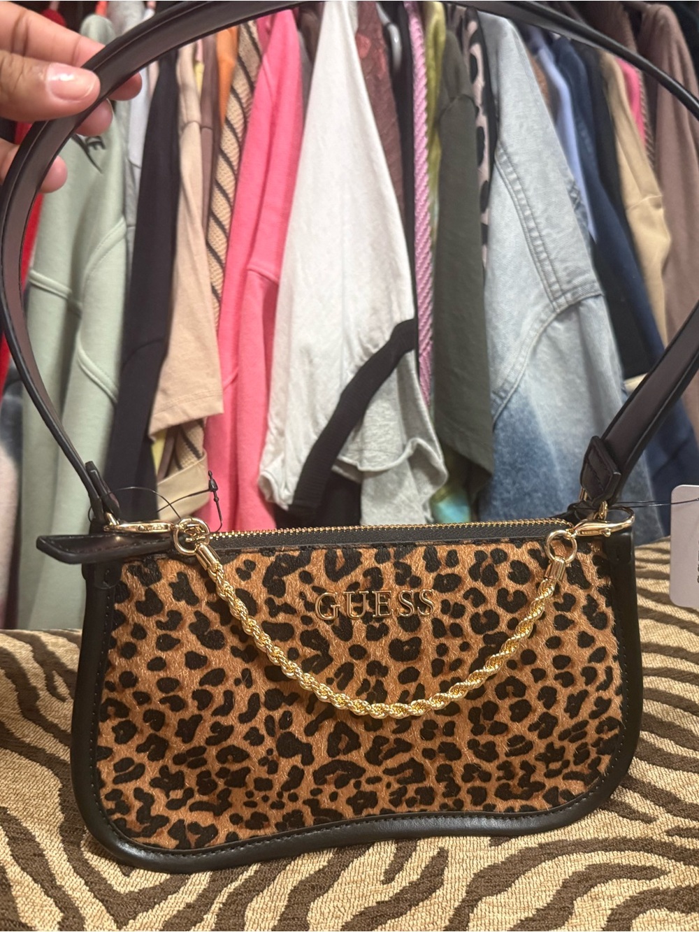 GUESS Leopard Mini Shoulder Bag in Brown with Gold Chain
